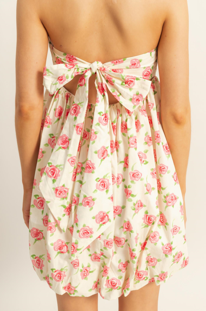 Strapless Pink Floral Bubble Hem Dress