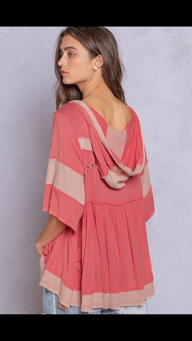 Knit V Neck Top w Hood