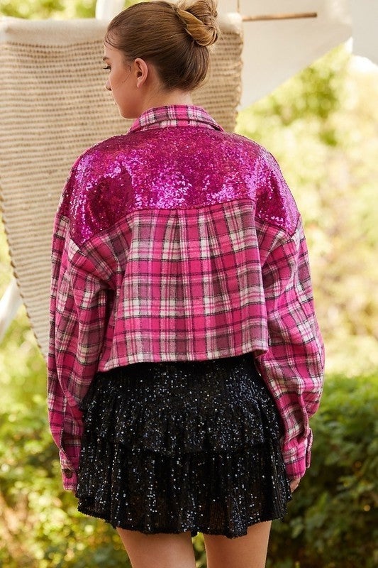 Fuchsia Plaid top with Sequin Trim