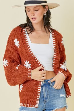 Rust Knit Cardigan  w Contrasting Flower Embroidery