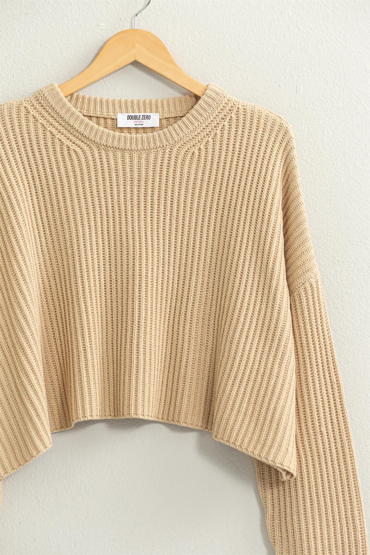 Taupe Crew Neck Cropped Knit Sweater