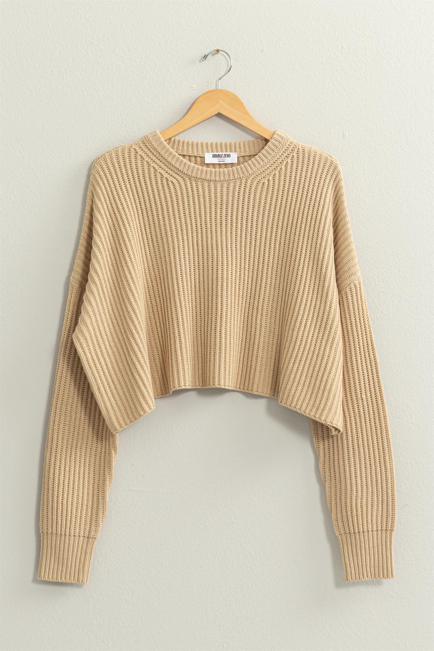 Taupe Crew Neck Cropped Knit Sweater