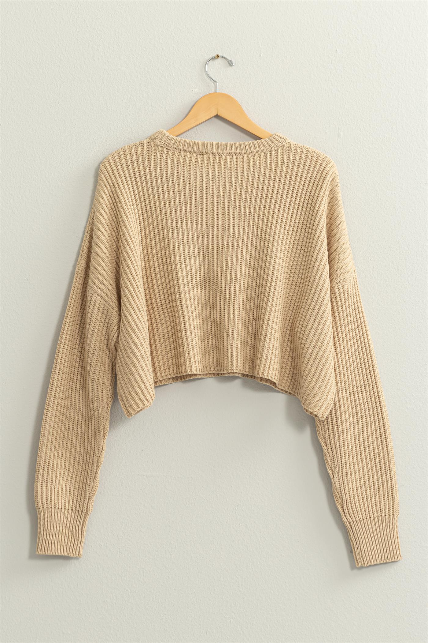 Taupe Crew Neck Cropped Knit Sweater