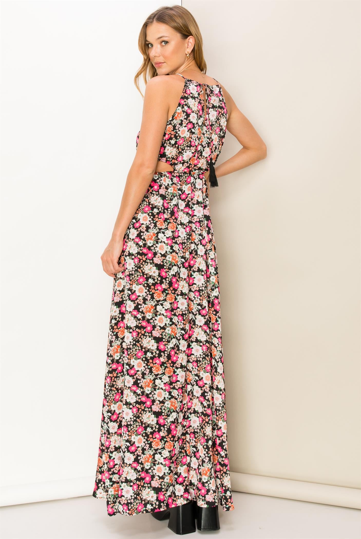 Black and Pink Floral Maxi Dress