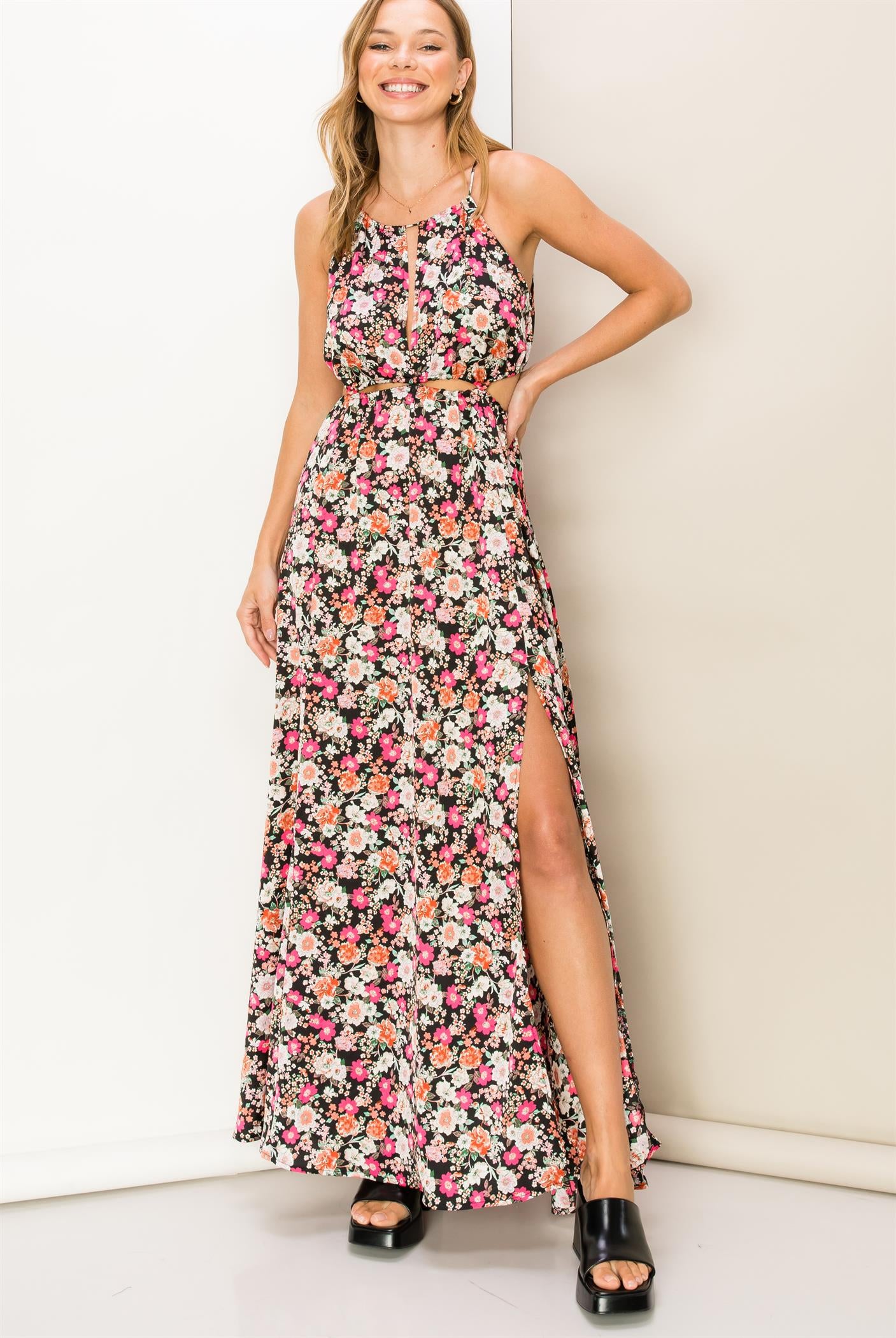 Black and Pink Floral Maxi Dress