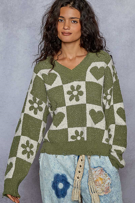 Green/Ivory V-Neck Sweater