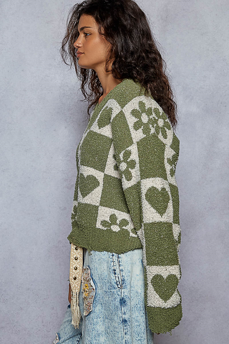 Green/Ivory V-Neck Sweater