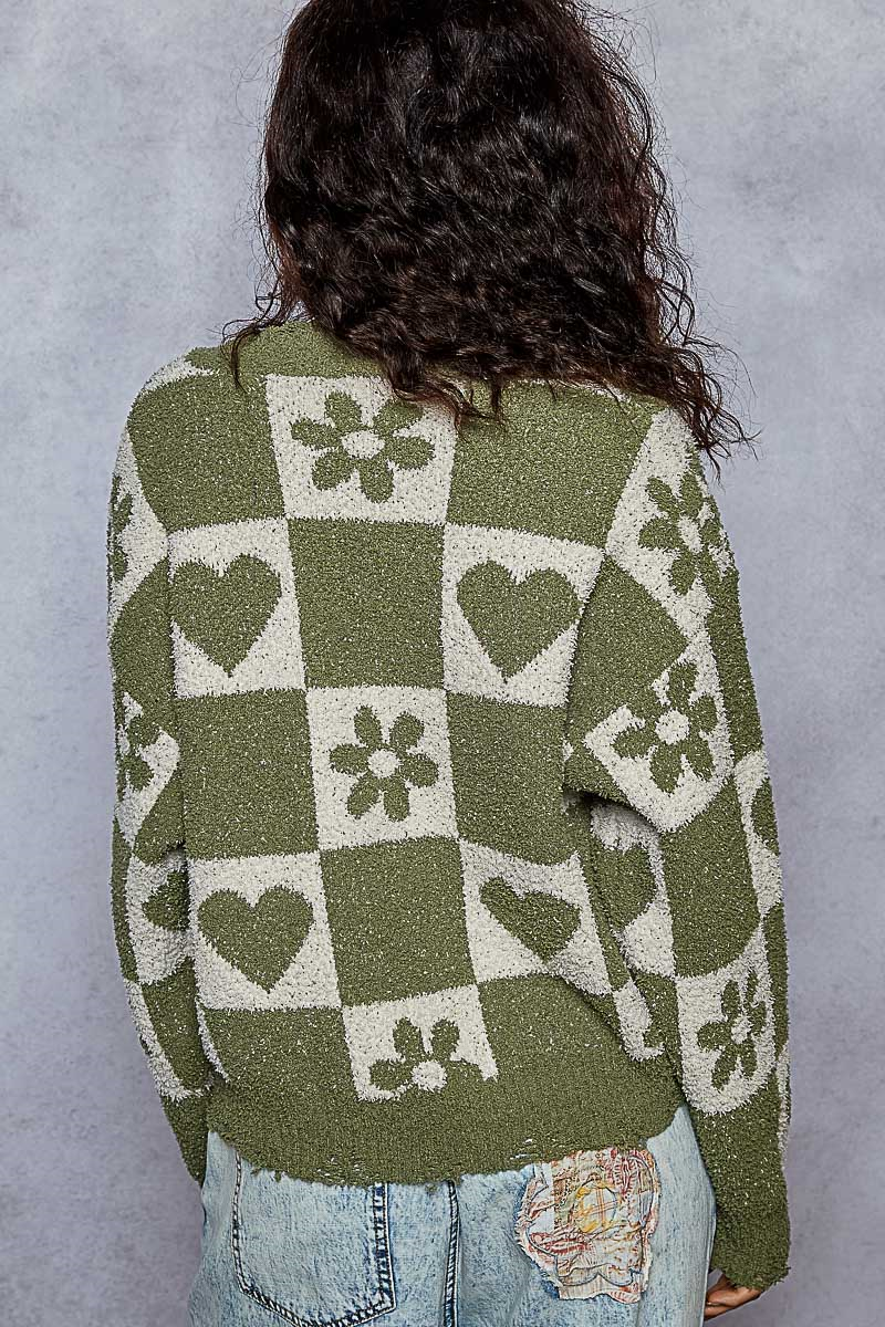 Green/Ivory V-Neck Sweater