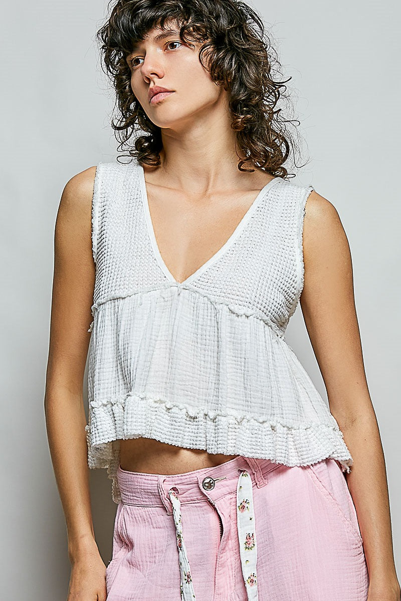 Ivory V-Neck Sleveless Mini Babydoll Top