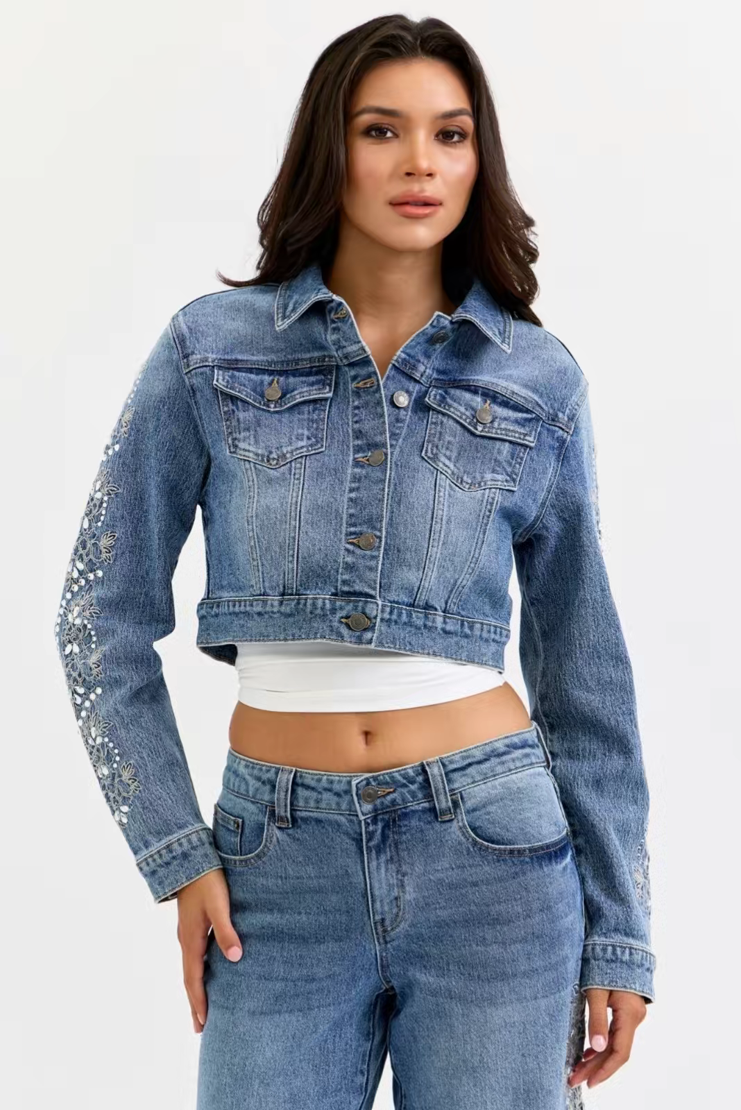 Embroidered Denim Jacket with Rhinestone