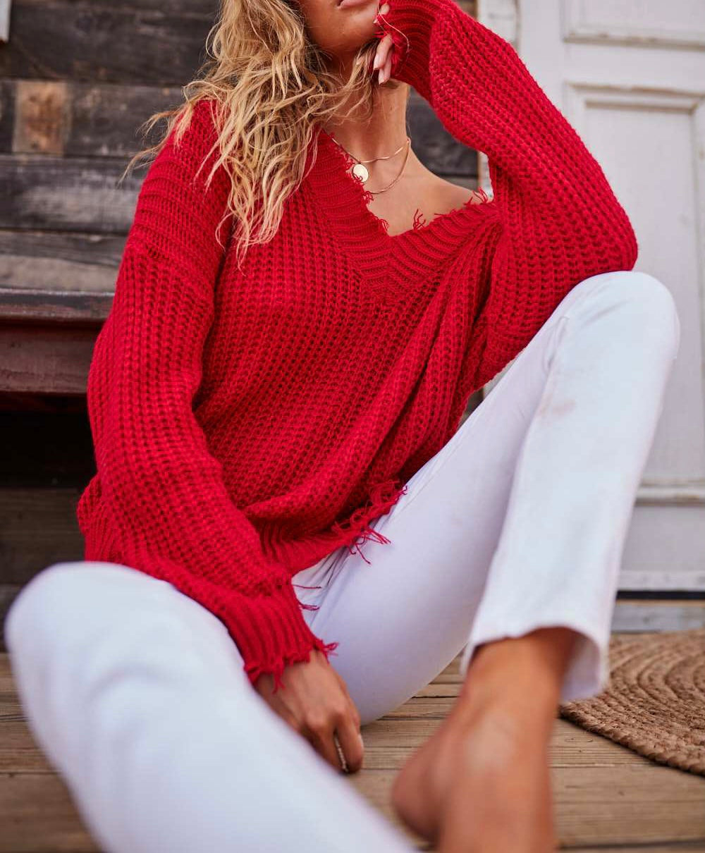 Frayed V Neck Sweater