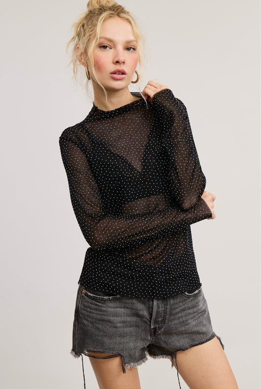 Rhinestone Black Sheer Long Sleeve