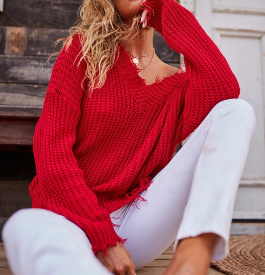 Frayed V Neck Sweater