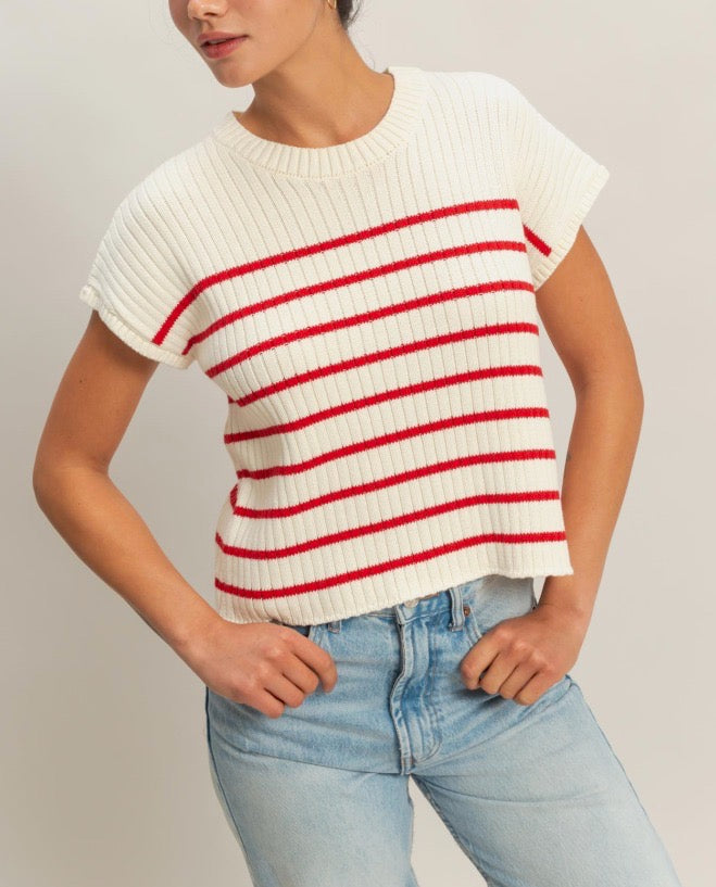Cream Sweater w Red Stripes