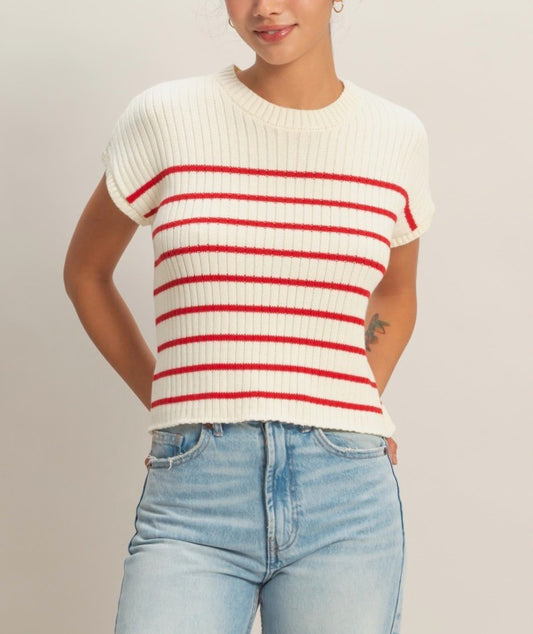 Cream Sweater w Red Stripes