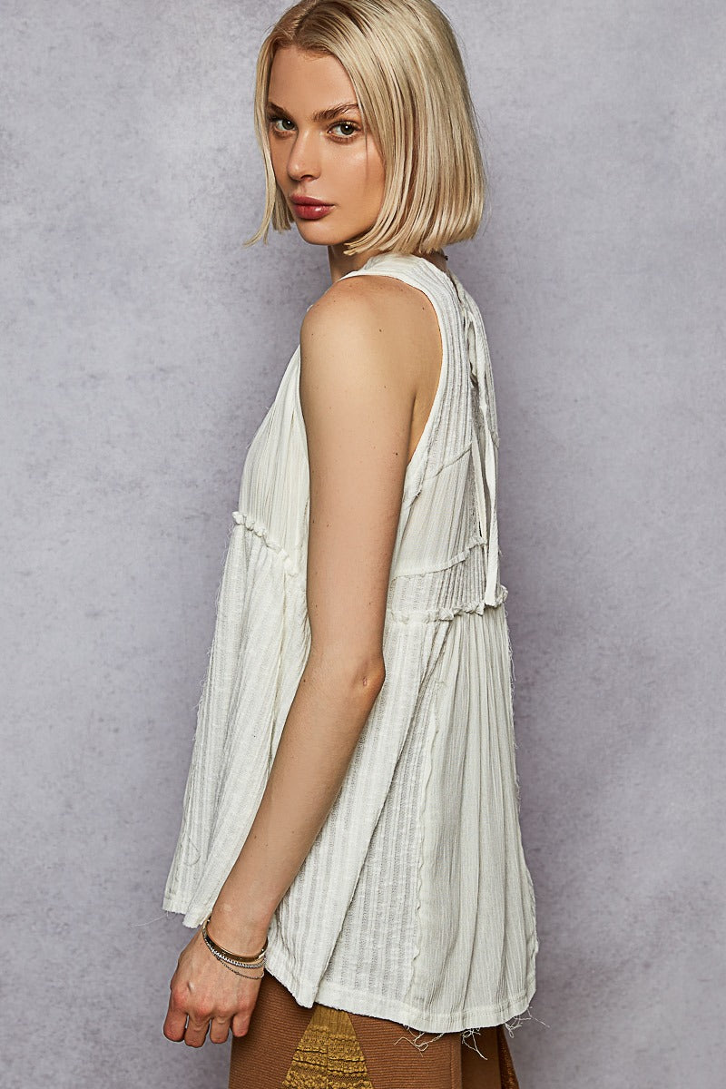 Off White Round neck Top with Pintuck detail