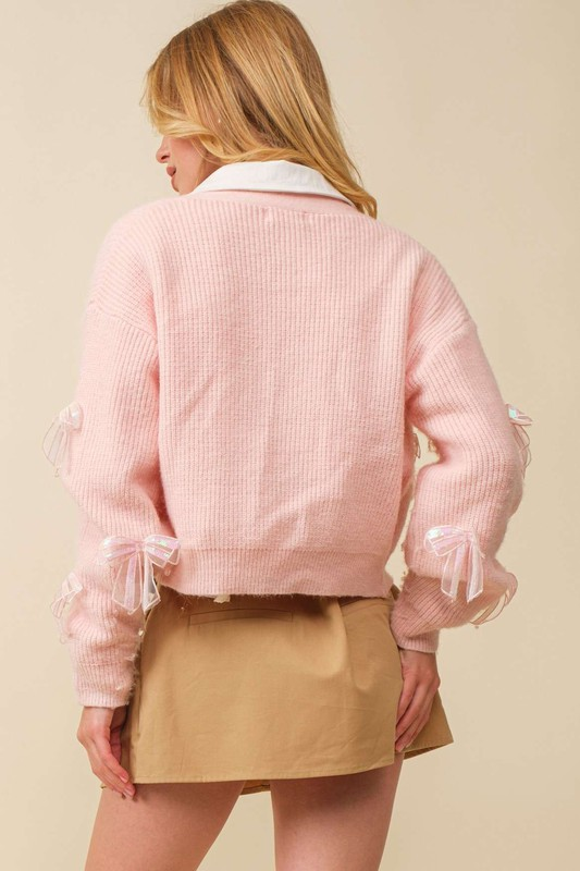 Pink Bow Patch Sweater Cardigan
