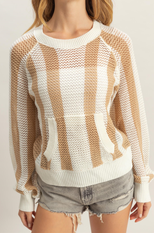 Taupe/White Stripe Mesh Sweater