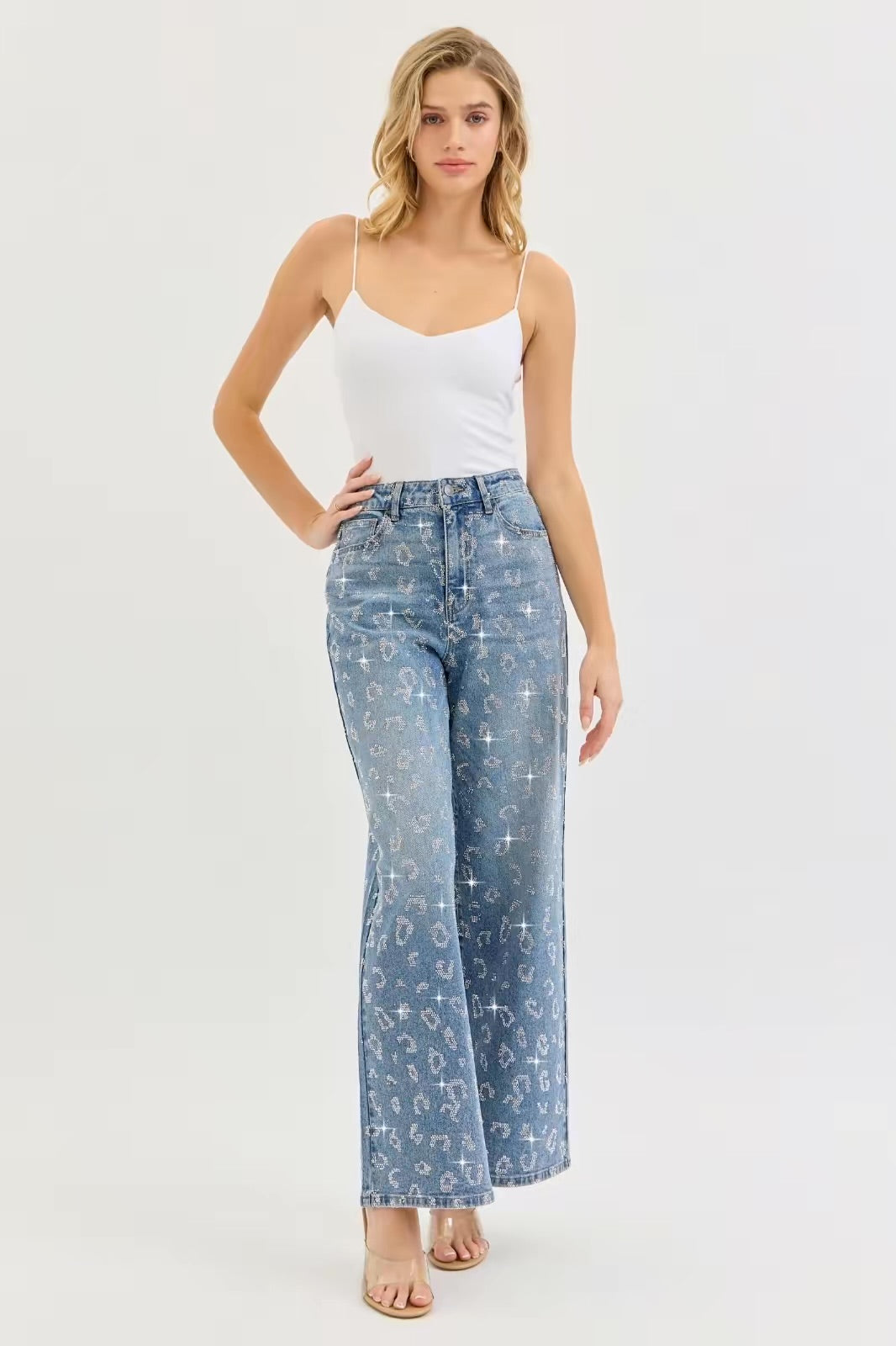High Rise Wide Leg Jeans With Rhinestones