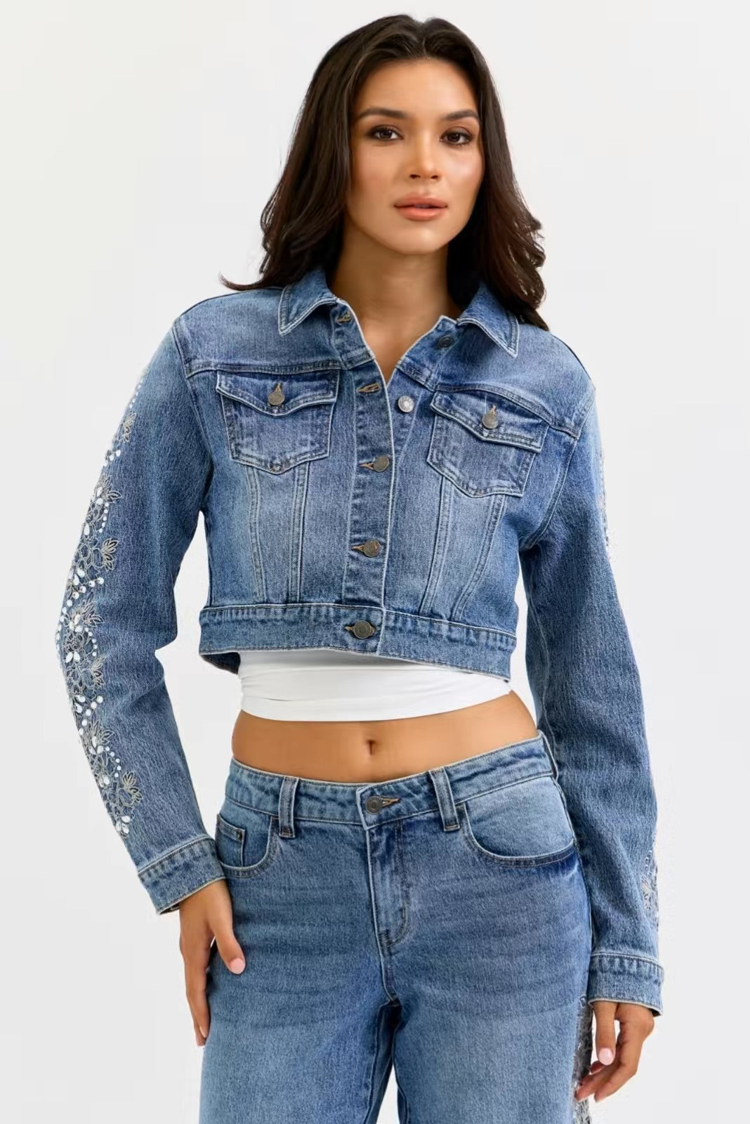Embroidered Denim Jacket with Rhinestone
