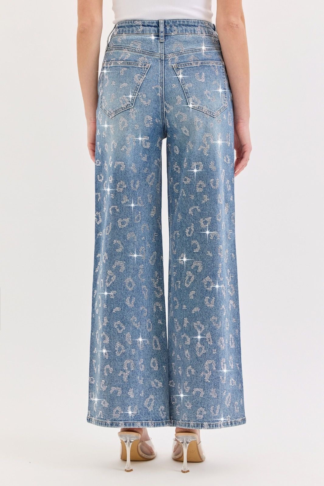 High Rise Wide Leg Jeans With Rhinestones