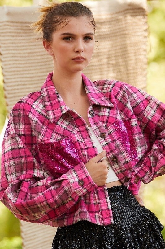 Fuchsia Plaid  top with Sequin Trim