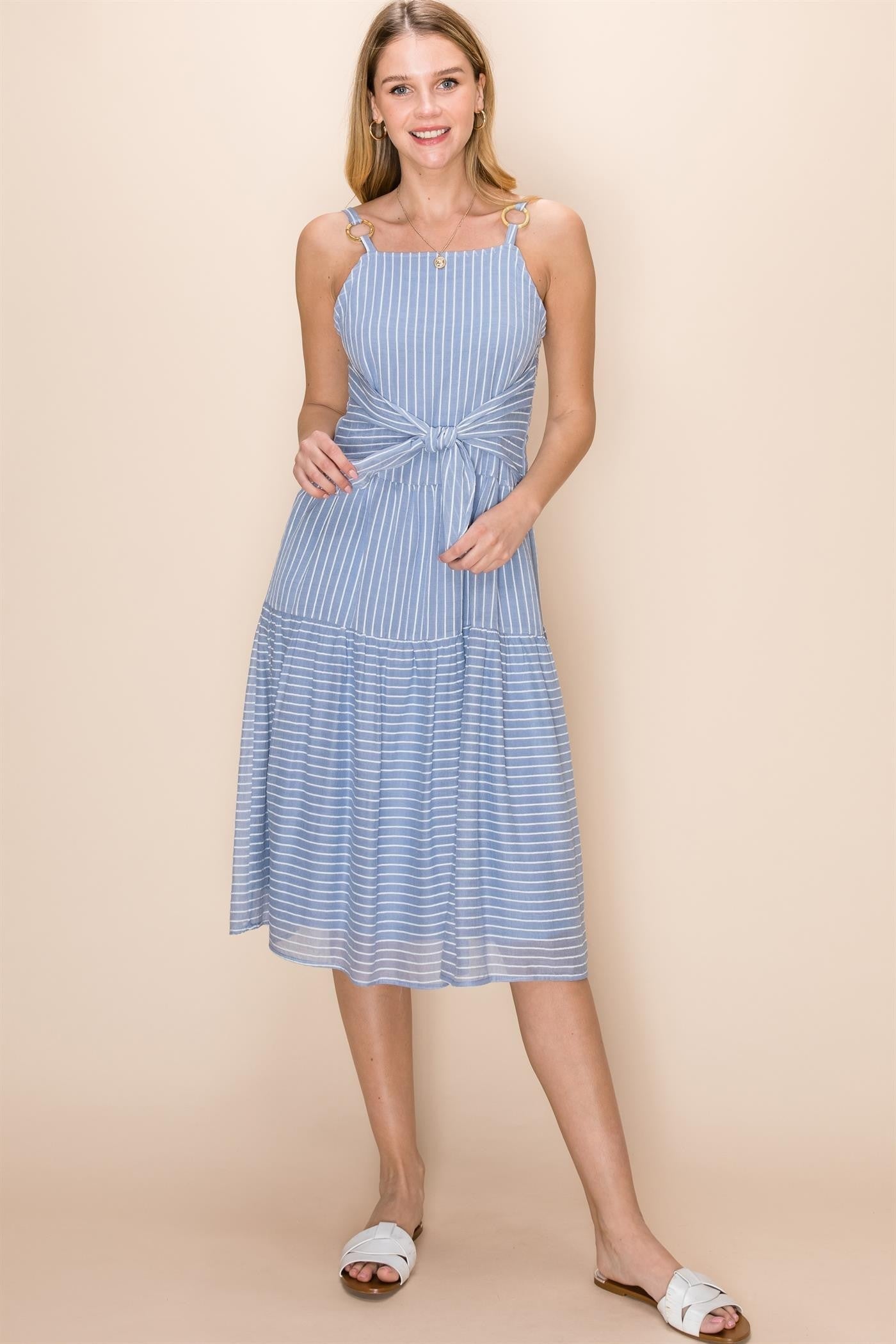Blue and white striped dress
