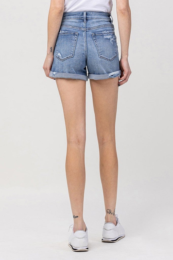 High Rise Distressed Patched Cuffed Shorts