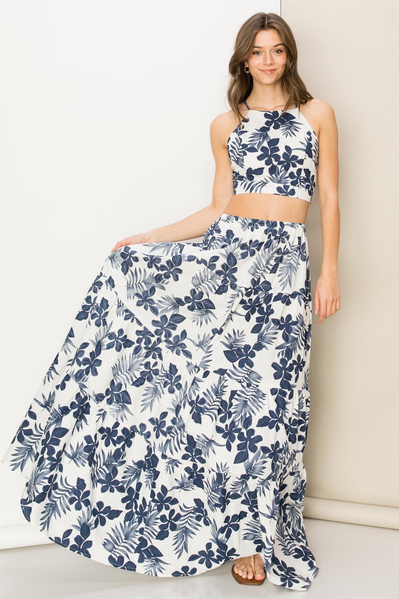 Navy White Maxi Skirt and Halter Top